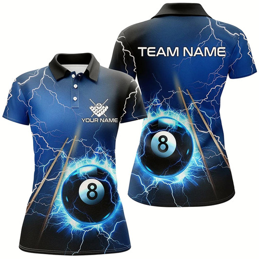 Goofygear Personalized Thunder Lighting Blue 8 Ball Billiards Polo Shirts For Women Custom 8 Ball Pool Jerseys