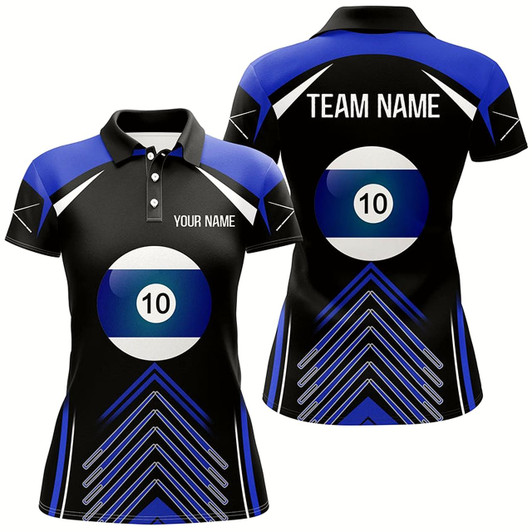 Goofygear Personalized Blue Black 10 Ball Billiard Polo Shirts For Women, Custom 10 Ball Pool Billiards Jerseys