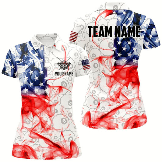 Goofygear Personalized Vintage Smoke Us Flag Billiard 3D Polo Shirts For Women, White 8 Ball Pool Team Jerseys