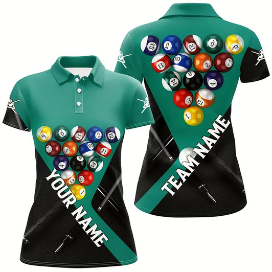 Goofygear Personalized Name Green Billiard Balls 3D All Over Print Polo Shirts For Women, Billiard Pool Team