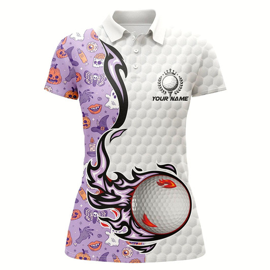 Goofygear Funny Purple Halloween Pattern Flame Golf Ball Womens Golf Polo Shirts Custom Halloween Golf Shirts