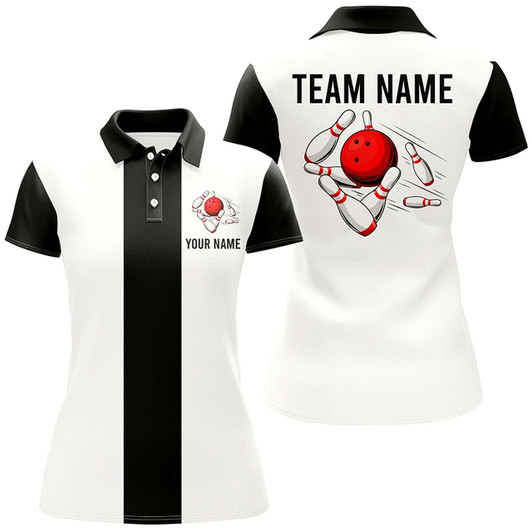 Goofygear Personalized White And Black Retro Bowling Polo Shirt For Women Custom Vintage Bowling Team Jerseys