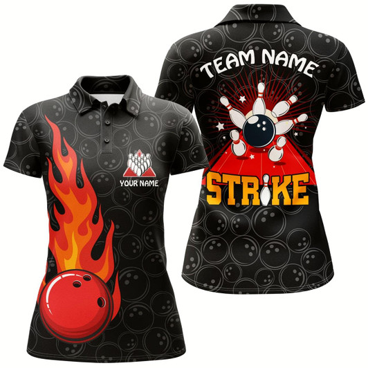 Goofygear Strike Flame Bowling Shirt For Women Custom Black Bowling Jersey Team Bowling Polo Shirt