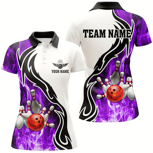 Goofygear Women Bowling Polo Shirt Custom Bowling Ball Pins Strike Team League Jersey, Bowl Gifts Purple