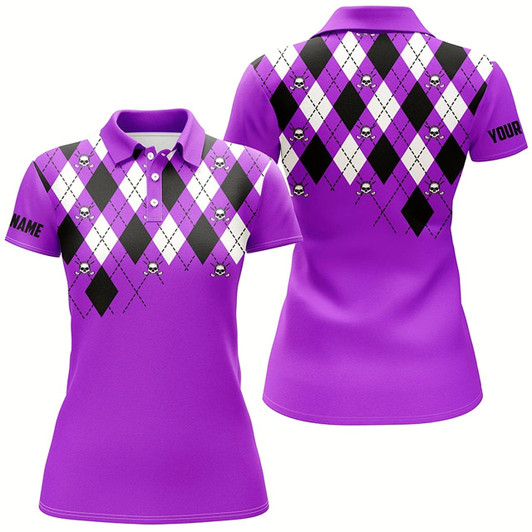 Goofygear Womens Golf Polo Shirt Purple Argyle Plaid Golf Skull Pattern Custom Ladies Purple Golf Tops