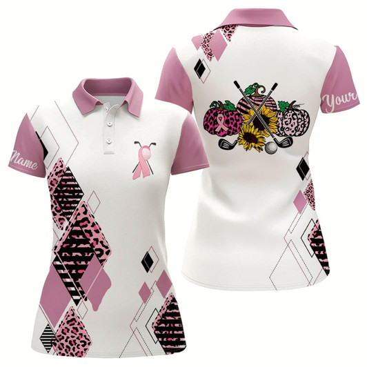 Goofygear Pink Argyle Leopard Pattern Womens Golf Polo Shirts Custom Pink Ribbon Golf Shirt For Ladies