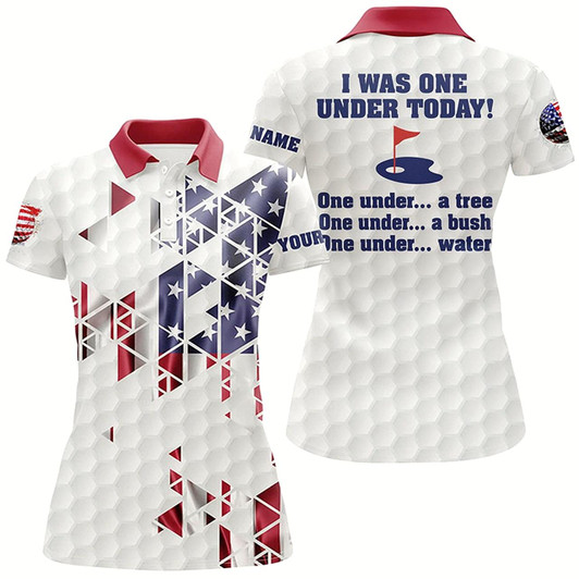 Goofygear Funny Women Golf Polo Shirts American Flag Custom I Was One Under Today, Under A Tree, Bush, Water