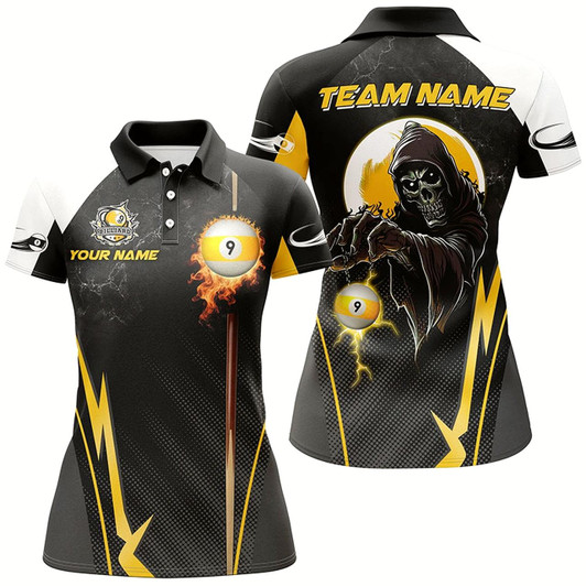 Goofygear Funny Death Skeleton Billiard Ball 9 Fire Custom Women Polo Shirts, Best 9 Ball Pool Jerseys