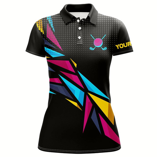 Goofygear Colorful Black Pattern Womens Golf Polo Shirts Custom Golf Tops For Ladies, Golfing Gifts