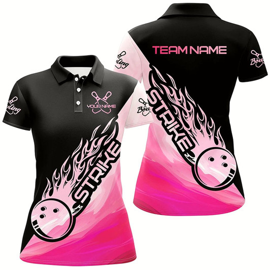 Goofygear Strike Bowling Pink Bowling Polo Shirts For Women, Custom Bowling Team Shirts Outfit Style 1
