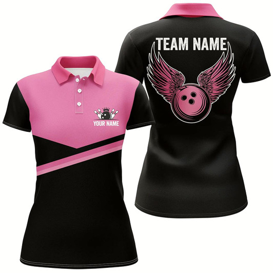 Goofygear Black And Pink Women Bowling Polo Shirts Custom Team Bowling Jerseys, Gift For Bowlers