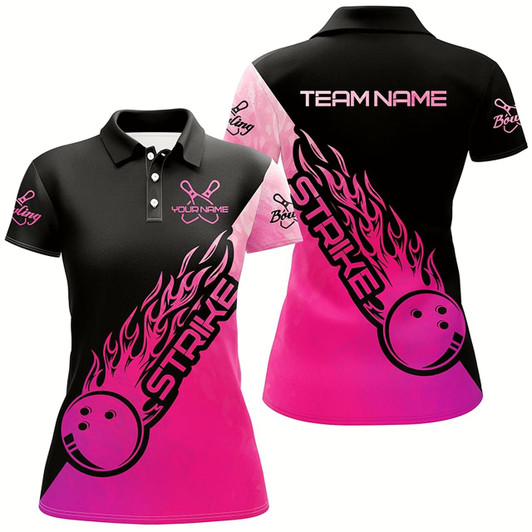 Goofygear Strike Bowling Pink Bowling Polo Shirts For Women, Custom Bowling Team Shirts Outfit Style 2