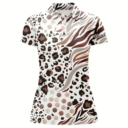 Goofygear White Animal Mix Leopard Skin Prints Pattern Golf Shirts Custom Name Womens Golf Polo Shirts