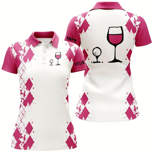 Goofygear White Pink Argyle Pattern Womens Golf Shirt Golf & Wine Custom Name Womens Golf Polo Shirt