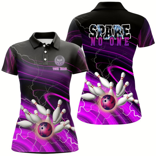 Goofygear Women Bowling Polo Shirt Custom Spare No One Purple Lightning Thunder Team Bowling League Jerseys