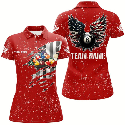 Goofygear Personalized Us Flag Billiard Balls 3D Polo Shirts For Women, Red Billiard 8 Ball Wings Jerseys Style 2