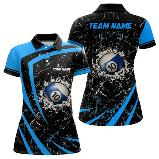 Goofygear Personalized Blue Glass Break 10 Ball Billiard 3D Polo Shirts For Women, Custom 10 Ball Pool Jerseys Style 2
