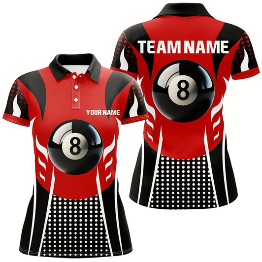 Goofygear Personalized Red Black 8 Ball Billiard 3D Polo Shirts For Women, Custom Billiards 8 Ball Pool Jerseys