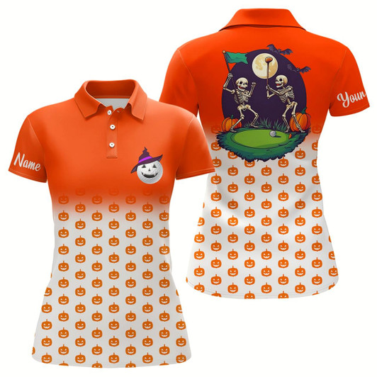 Goofygear Funny Womens Golf Polo Shirts Custom Orange Halloween Pumpkin Pattern Skull Golf Apparel