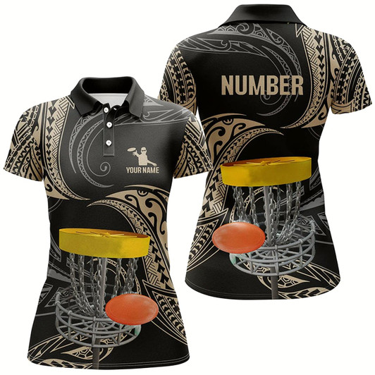 Goofygear Womens Disc Golf Polo Shirts Custom Name, Number Black Tribal Disc Golf Shirt, Disc Golf Outfit