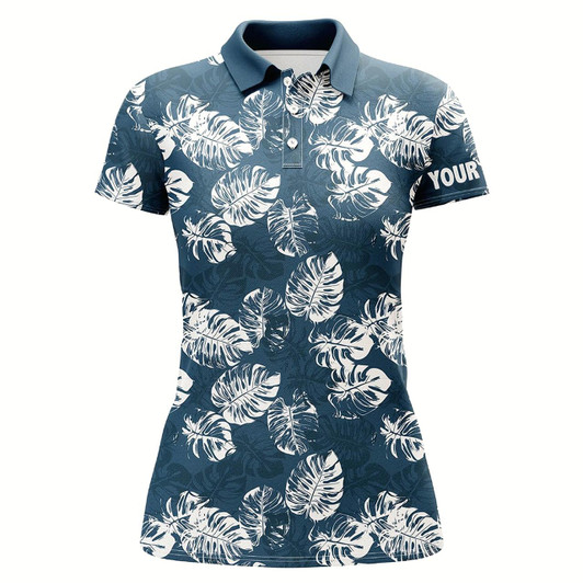 Goofygear Womens Golf Polo Shirts Custom Blue Tropical Monstera Leaves Pattern Team Ladies Golf Tops