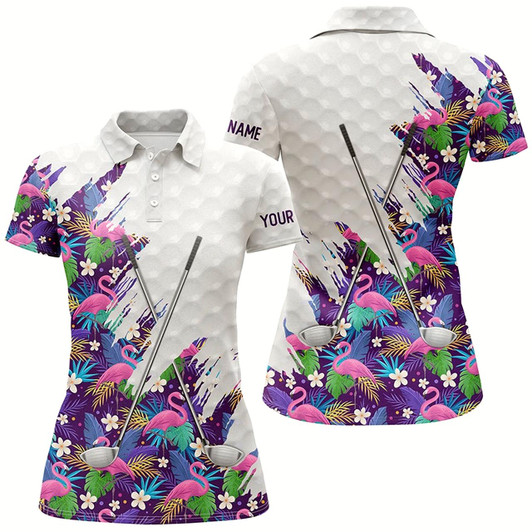 Goofygear Purple Flamingo Tropical Pattern Custom White Womens Golf Polo Shirts, Team Ladies Golf Tops