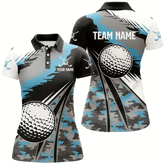 Goofygear Womens Golf Polo Shirts Custom Blue Camo Golf Ball Golf Attire For Women, Golf Gifts For Ladies