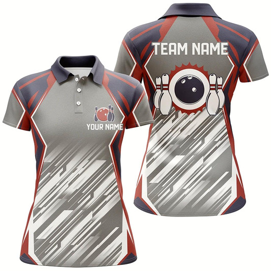 Goofygear Grey Abstract Pattern Retro Bowling Ball And Pins Custom Team Women Bowling Polo Shirts