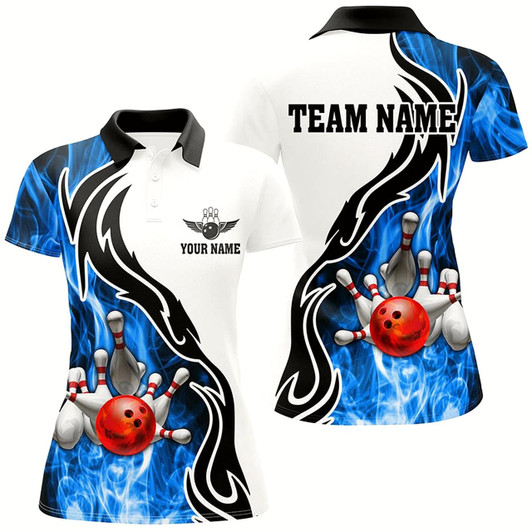 Goofygear Women Bowling Polo Shirt Custom Bowling Ball Pins Strike Team League Jersey, Bowl Gifts Blue