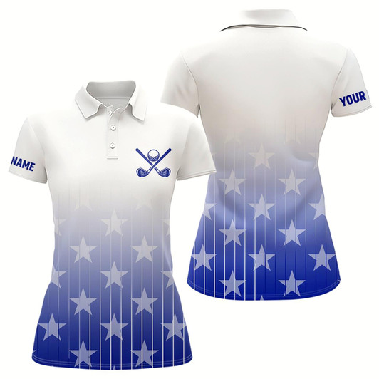 Goofygear Personalized Blue Stars Pattern White Golf Polos Shirts For Women Custom Gifts For The Golfer