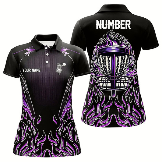 Goofygear Purple Flame Womens Disc Golf Polo Shirts Custom Black Disc Golf Fire Jerseys, Disc Golf Shirts