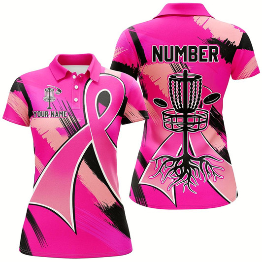 Goofygear Pink Ribbons Breast Cancer Womens Disc Golf Polo Shirt Custom Team Breast Cancer Disc Golf Jersey