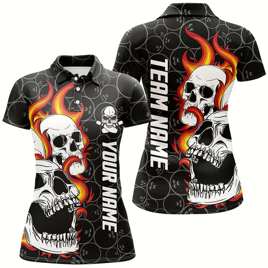 Goofygear Black Camo Bowling Polo Shirts For Women Custom Flame Skull Bowling Team League Jerseys