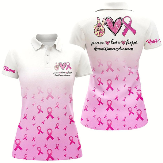 Goofygear Pink Ribbon White Women Golf Polo Shirt Custom Breast Cancer Awareness Peace Love Hope Golf Outfit