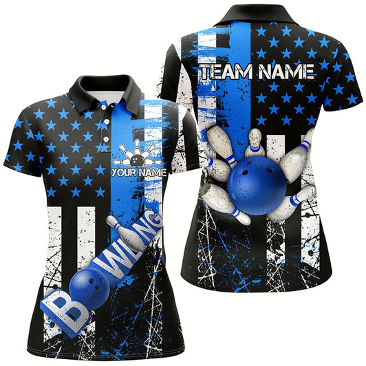 Goofygear Retro American Flag Women Bowling Polo Shirts Custom Bowling Team Jerseys, Gifts For Bowlers Blue
