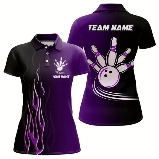 Goofygear Gradient Black Purple Bowling League Jerseys Custom Women Bowling Polo Shirts, Gifts For Bowling Team