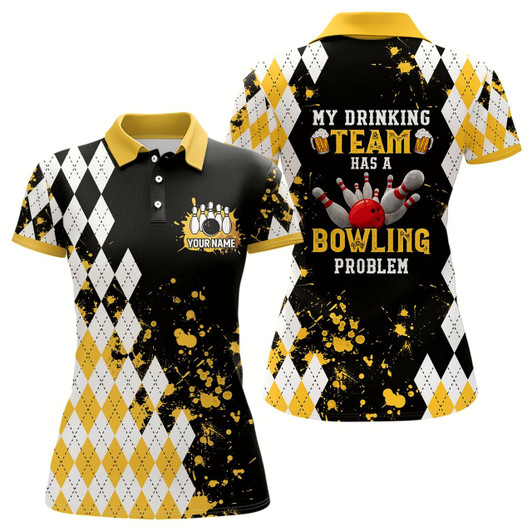 Goofygear Yellow Argyle Pattern Retro Bowling Polo Shirt For Women Custom My Drinking Team Has A Bowling Problem