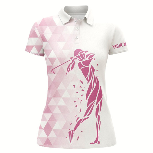 Goofygear Personalized White And Pink Triangle Pattern Womens Golf Polo Shirts Custom Ladies Golf Tops