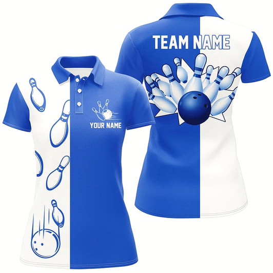 Goofygear Blue And White Retro Vintage Bowling Polo Shirts For Women Custom Bowling Team Jerseys