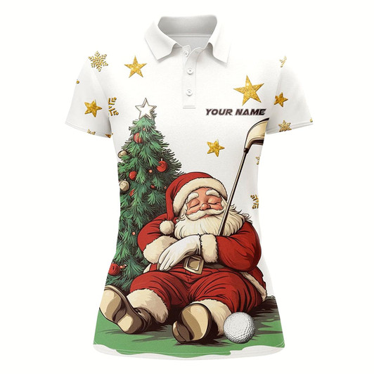 Goofygear Funny Santa Lying Beside Pine Tree Xmas Women Golf Polo Shirts Custom Christmas Golf Top Golf Gifts