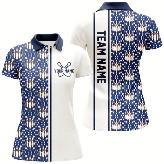 Goofygear Blue Argyle Custom Bowling Polo Shirts For Women, Custom Bowling Uniforms Style 2