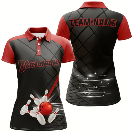 Goofygear Black And Red Bowling League Jerseys Custom Women Bowling Polo Shirts, Gifts For Ladies Bowler