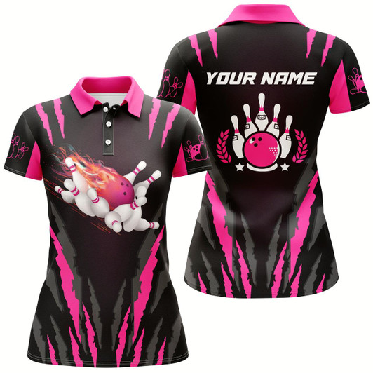 Goofygear Women Bowling Polo Shirts Custom Flame Bowling Ball & Pins Bowling Jerseys, Bowling Gifts Pink