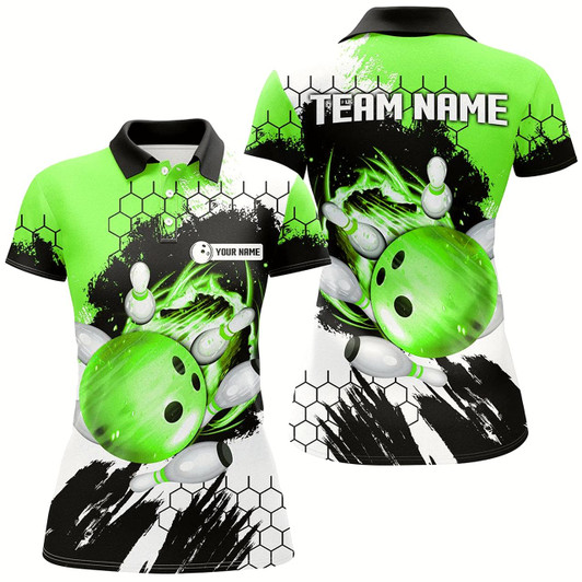 Goofygear Green Flame Bowling Ball And Pins Jerseys Custom Team League Bowling Polo Shirts For Women