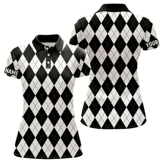 Goofygear Womens Golf Polo Shirts Custom White And Black Argyle Plaid Pattern Golf Attire For Ladies