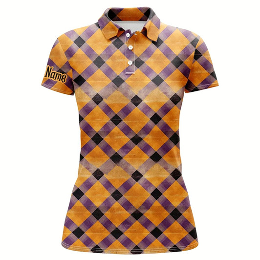 Goofygear Womens Golf Polo Shirts Custom Purple And Orange Halloween Argyle Pattern Golf Apparel For Ladies
