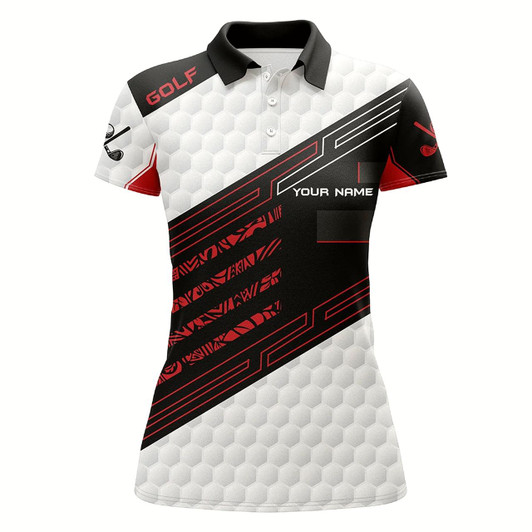Goofygear Black And White Golf Ball Pattern Womens Golf Polo Shirts Custom Golf Outfit For Ladies Red