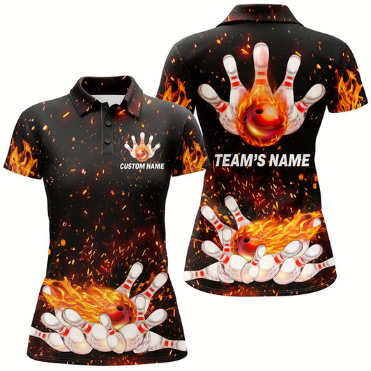 Goofygear Flame Women Polo Bowling Shirt, Personalized Team Bowlers Jersey Short Sleeves