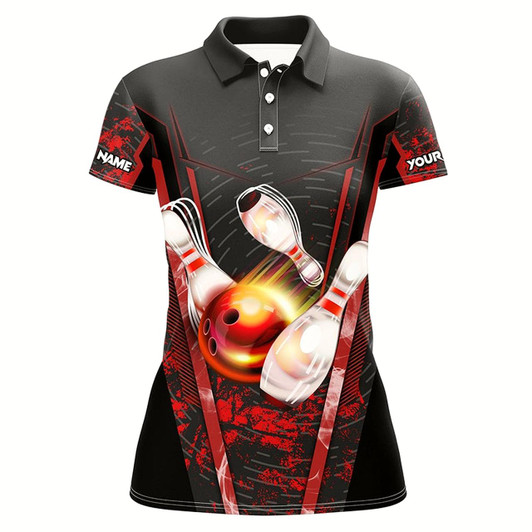 Goofygear Women Bowling Polo Shirts Custom Black And Red Bowling Apparel Team Bowling Jerseys, Gift For Bowlers