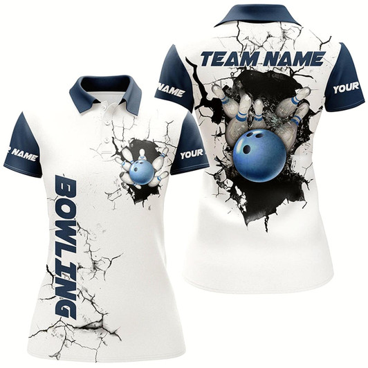 Goofygear Women Bowling Polo Shirts Custom Bowling Ball And Pins Team League Jerseys, Gifts For Bowlers Blue